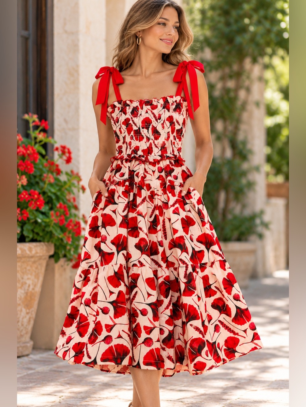 En Saison Red Floral Midi Dress Size S NWT Smocked Tie Strap Pockets